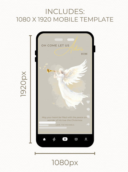 Editable Angel Christmas Card Template, Oh Come Let Us Adore Him Christian, Modern Watercolor Faith Holiday Instant Download Canva Template