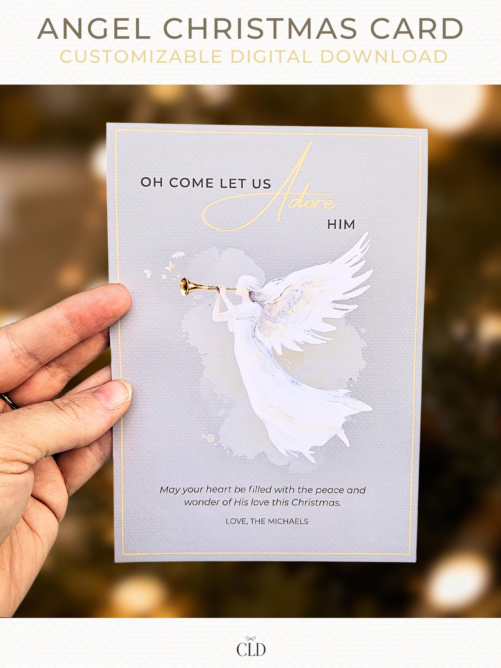 Customizable Elegant watercolor angel Christmas card with golden trumpet and text reading ‘Oh Come Let Us Adore Him,’