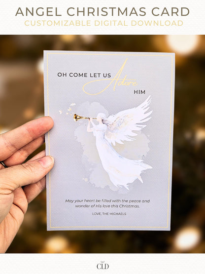 Customizable Elegant watercolor angel Christmas card with golden trumpet and text reading ‘Oh Come Let Us Adore Him,’