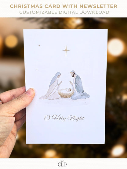 Minimalist watercolor nativity Christmas card with customizable family newsletter, editable Christian holiday template in Canva