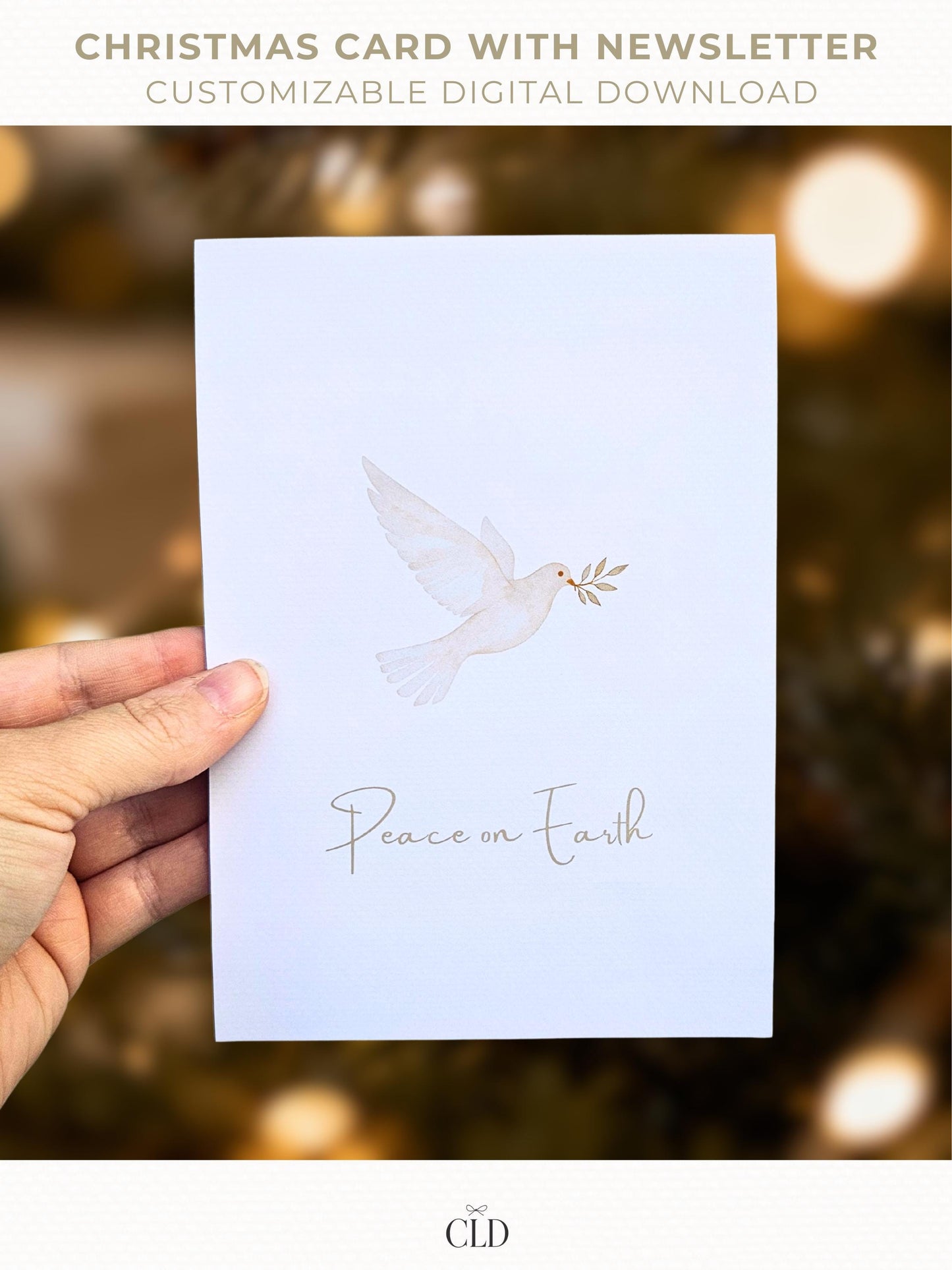 Minimalist watercolor dove Christmas card with customizable family newsletter, editable holiday template in Canva.