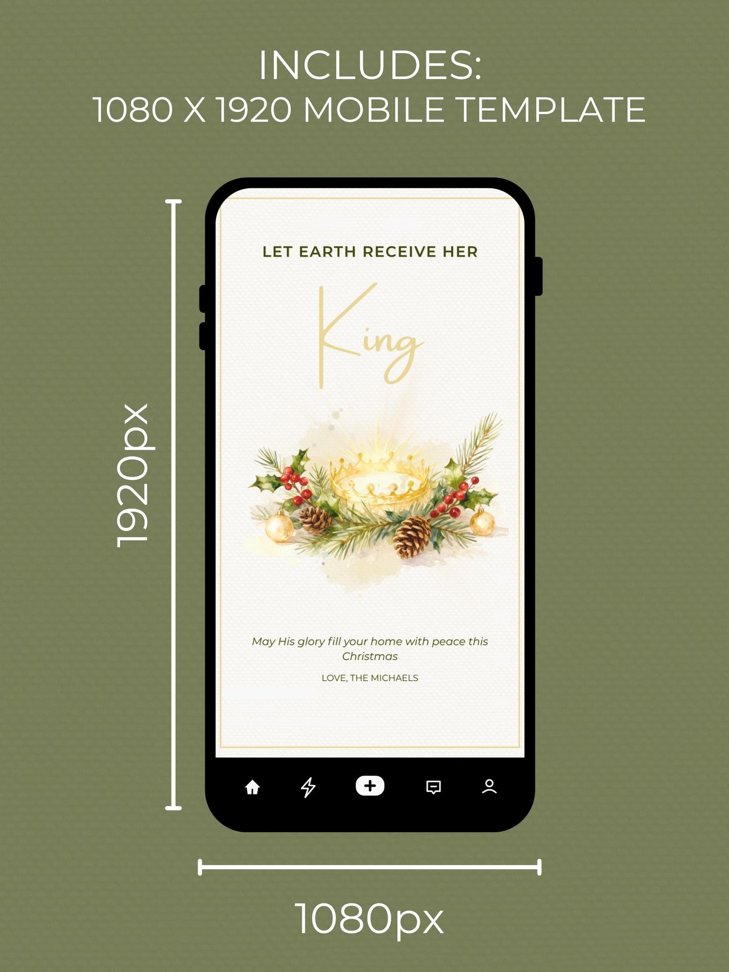 Editable Christian Holiday Christmas Card-Let Earth Receive Her King Golden Crown (Religious Printable Canva Template Digital Download)