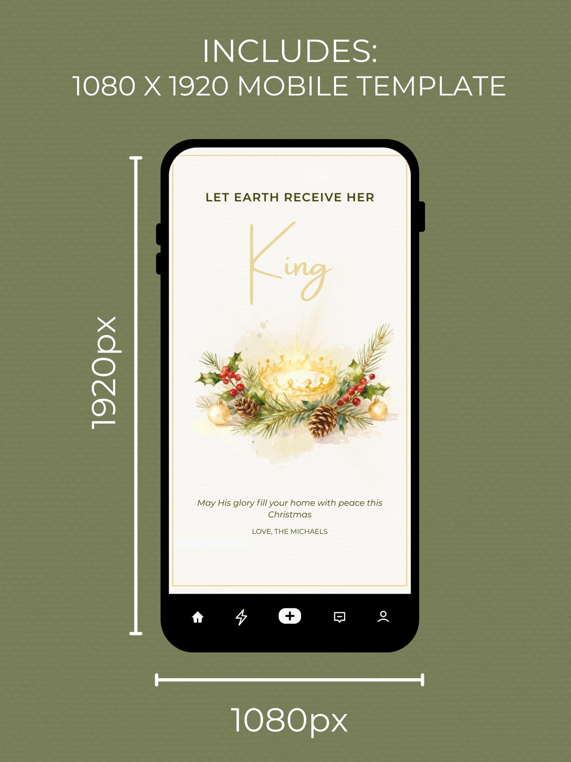 Editable Christian Holiday Christmas Card-Let Earth Receive Her King Golden Crown (Religious Printable Canva Template Digital Download)