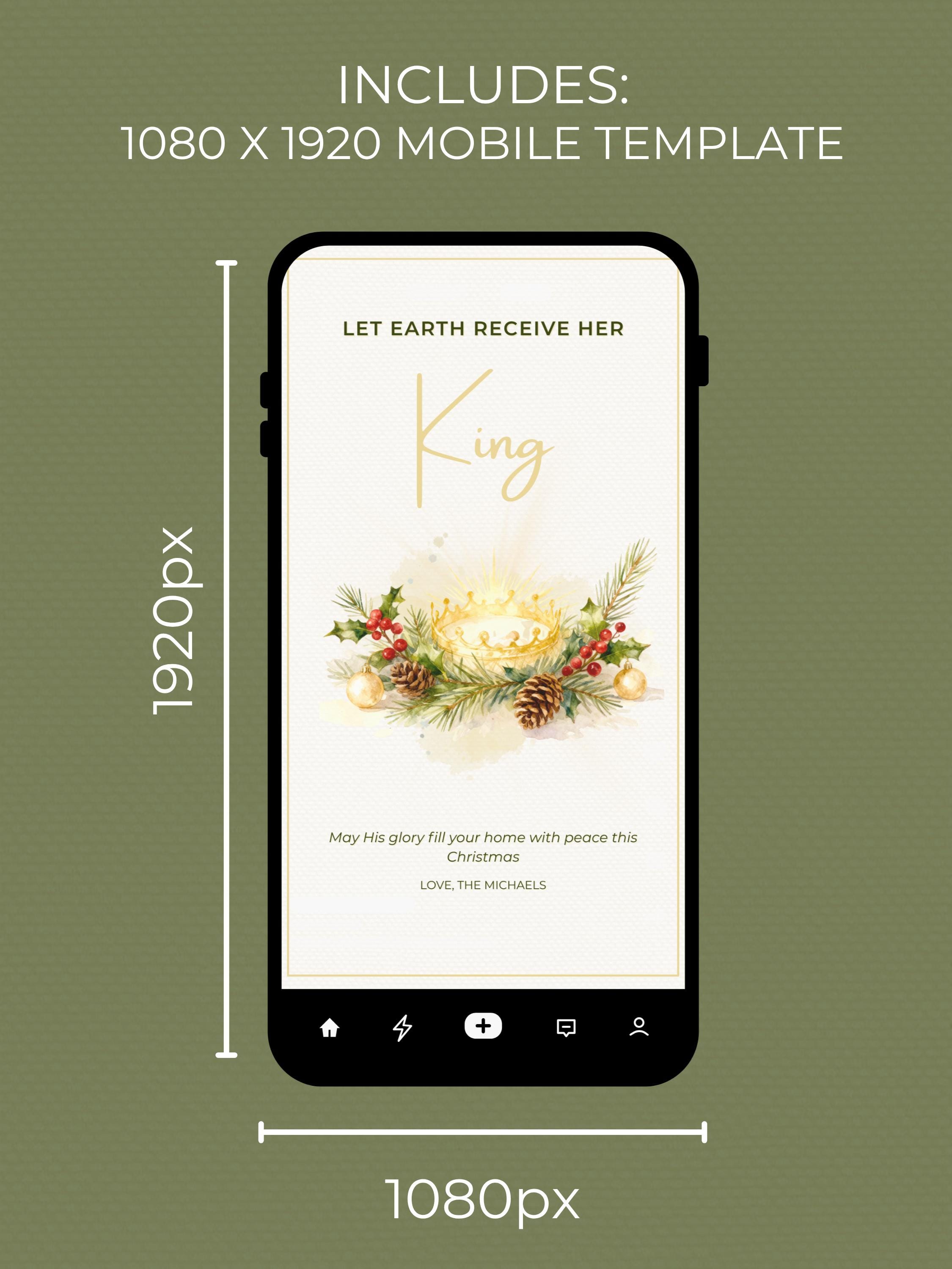 Editable Christian Holiday Christmas Card-Let Earth Receive Her King Golden Crown (Religious Printable Canva Template Digital Download)