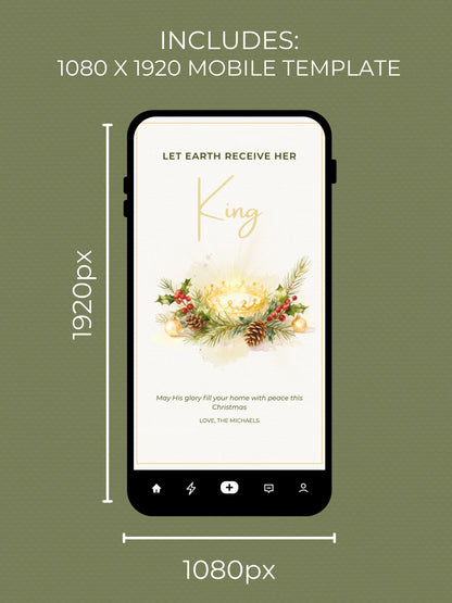 Editable Christian Holiday Christmas Card-Let Earth Receive Her King Golden Crown (Religious Printable Canva Template Digital Download)