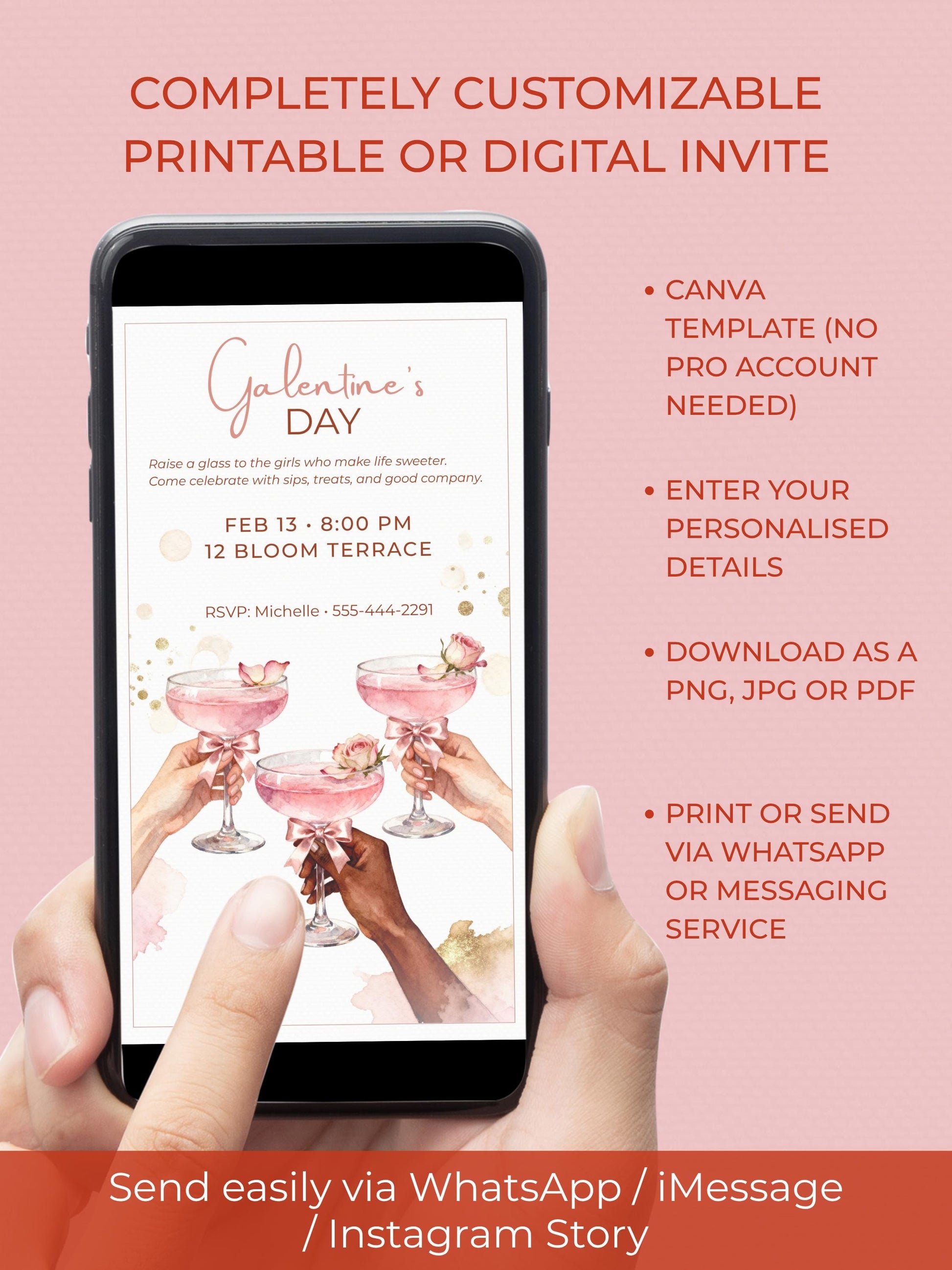 Custom Galentine’s Day Invitation - Pink Cocktail Girls Night - Valentines Party Evite (Editable Instant Download Canva Template)