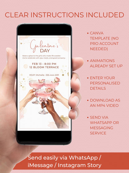 Animated Galentine’s Day Invitation - Pink Cocktail Girls Night Invite (Instant Download Editable Canva Template MP4 WhatsApp Digital Evite)