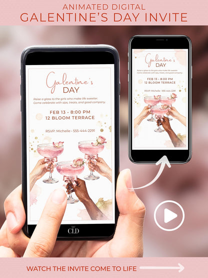 Animated Galentine’s Day Invitation - Pink Cocktail Girls Night Invite (Instant Download Editable Canva Template MP4 WhatsApp Digital Evite)