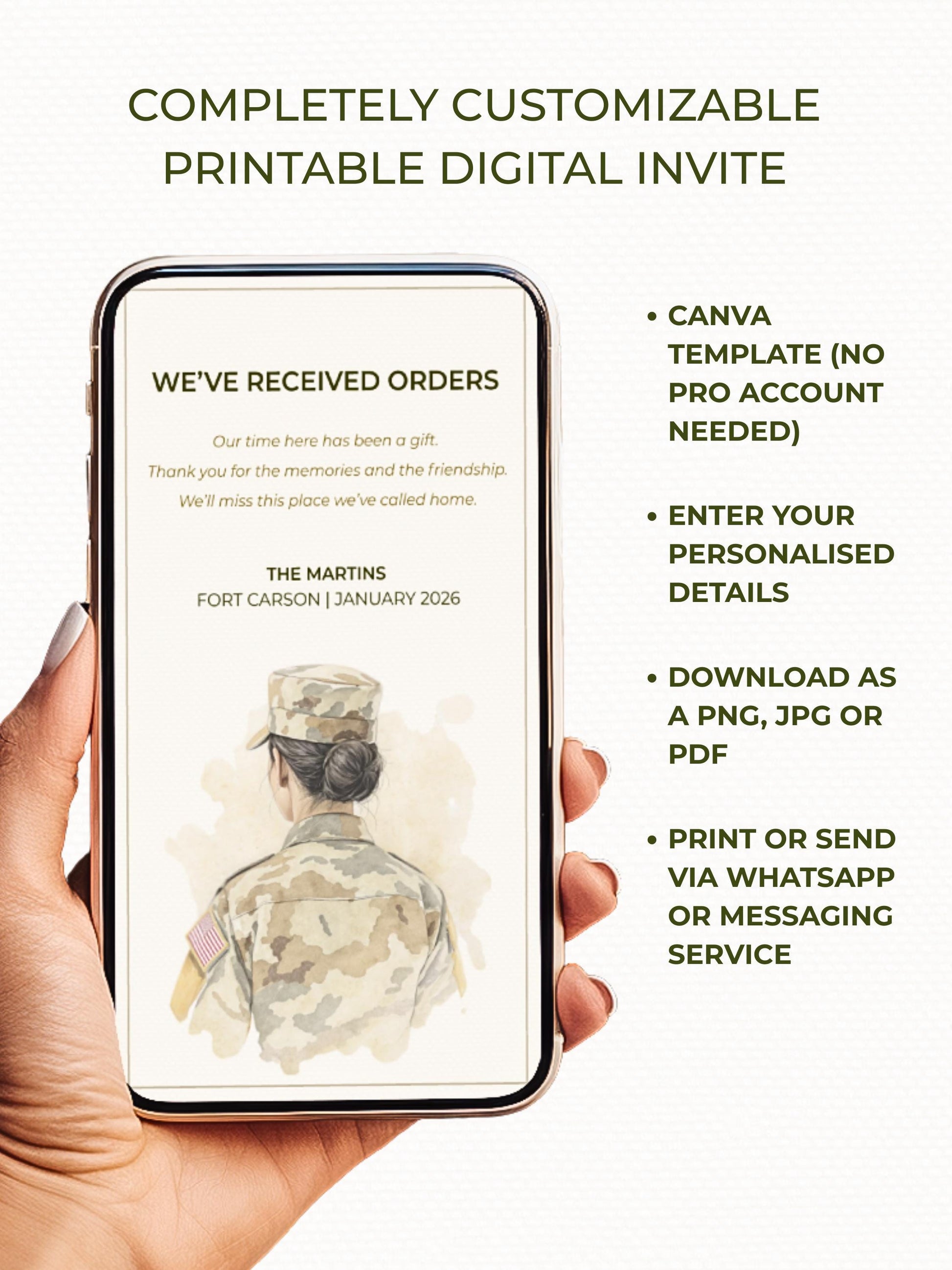Military PCS Card - Moving Announcement - Custom Military Family Army Goodbye (Instant Download Editable Canva Template) New Orders Farewell