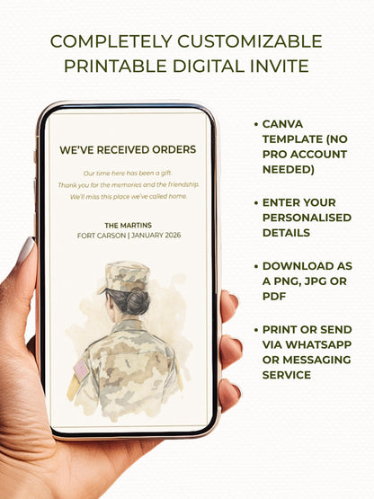 Military PCS Card - Moving Announcement - Custom Military Family Army Goodbye (Instant Download Editable Canva Template) New Orders Farewell