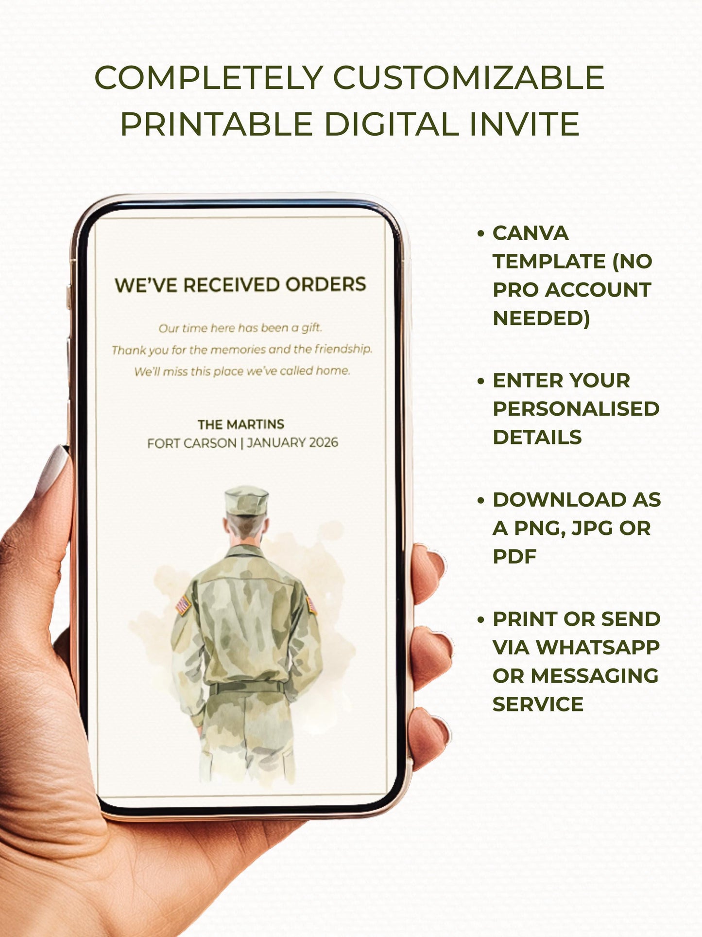 Military PCS Card - Moving Announcement - Custom Male Military Family Army Goodbye (Instant Download Editable Canva Template) New Orders
