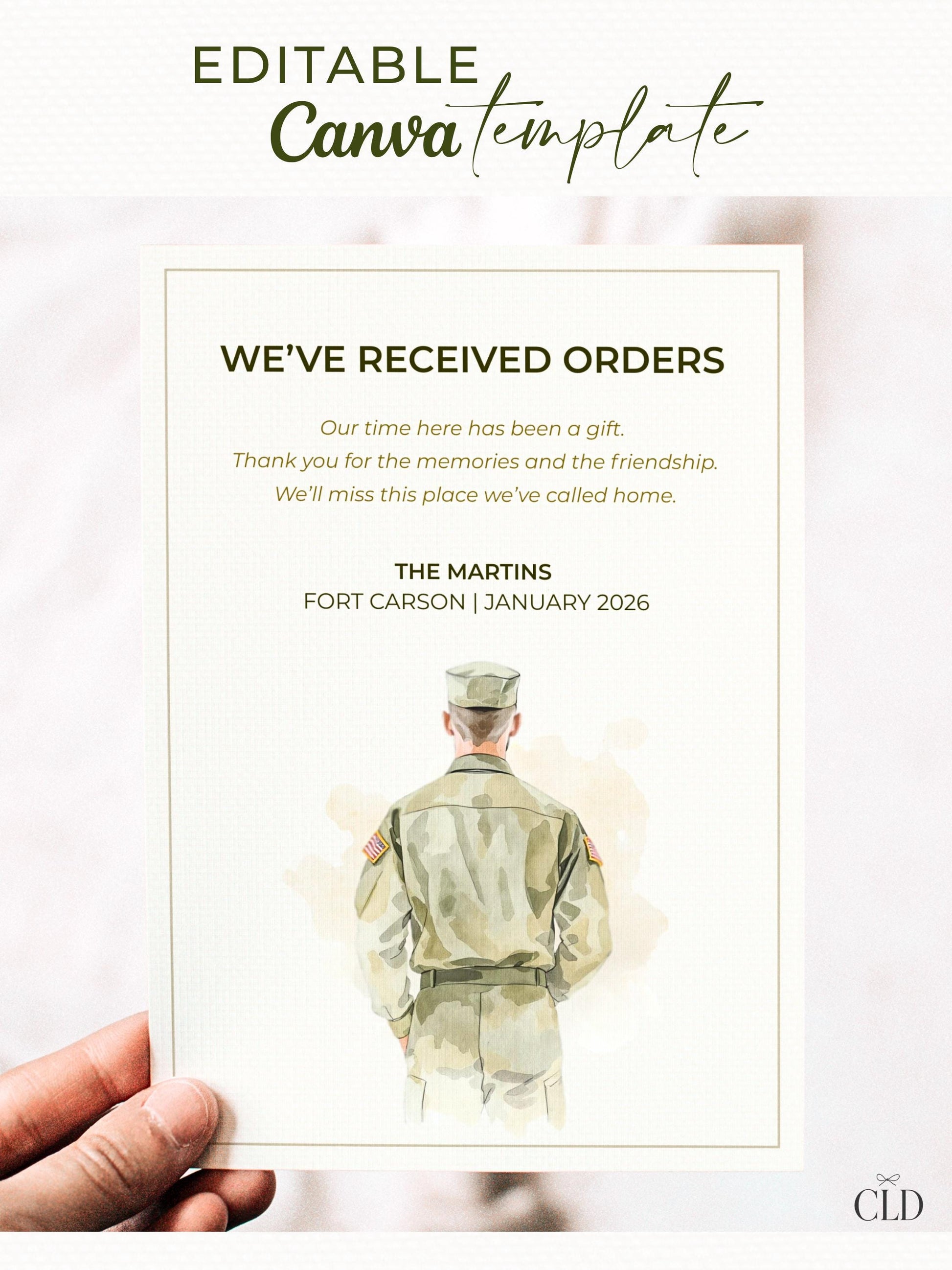Military PCS Card - Moving Announcement - Custom Male Military Family Army Goodbye (Instant Download Editable Canva Template) New Orders