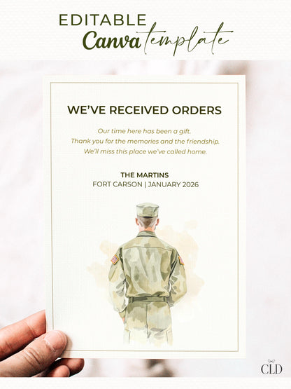 Military PCS Card - Moving Announcement - Custom Male Military Family Army Goodbye (Instant Download Editable Canva Template) New Orders
