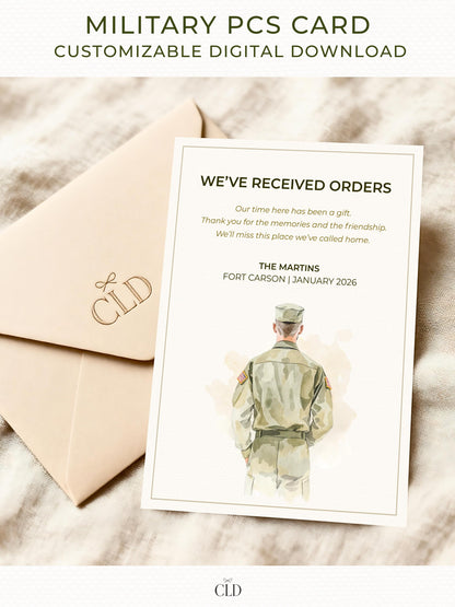 Watercolor-style PCS announcement card featuring a male U.S. Army service member seen from behind in camouflage uniform. The card reads 'We’ve Received Orders' with customizable family name and base location. The card is displayed on a soft neutral fabric with a beige envelope beside it.