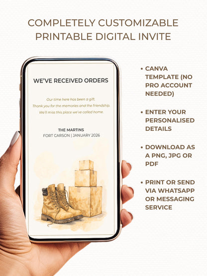 Military Uniform Moving PCS Card Announcement - Custom US Army Family Goodbye (Instant Download Editable Canva Template) New Orders Farewell