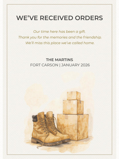 Military Uniform Moving PCS Card Announcement - Custom US Army Family Goodbye (Instant Download Editable Canva Template) New Orders Farewell