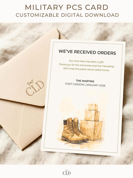 Elegant military PCS announcement card displayed with a neutral envelope. The design features watercolor tan combat boots next to stacked moving boxes, with customizable text announcing new orders. Soft beige and cream aesthetic, warm and sentimental tone.