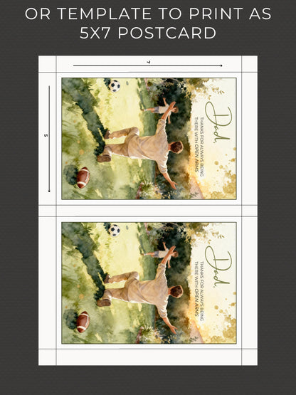 Printable Happy Father's Day Card - Dad and Child Digital Printable Foldable Gift - Sports Themed (Instant Download Canva Template)