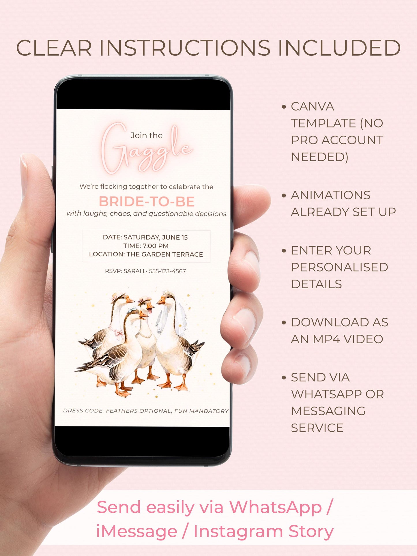 Funny Animated Gaggle Geese Bachelorette Evite- Hen Party Invite (Editable Instant Digital Download Canva Template) Bridal Shower Invitation