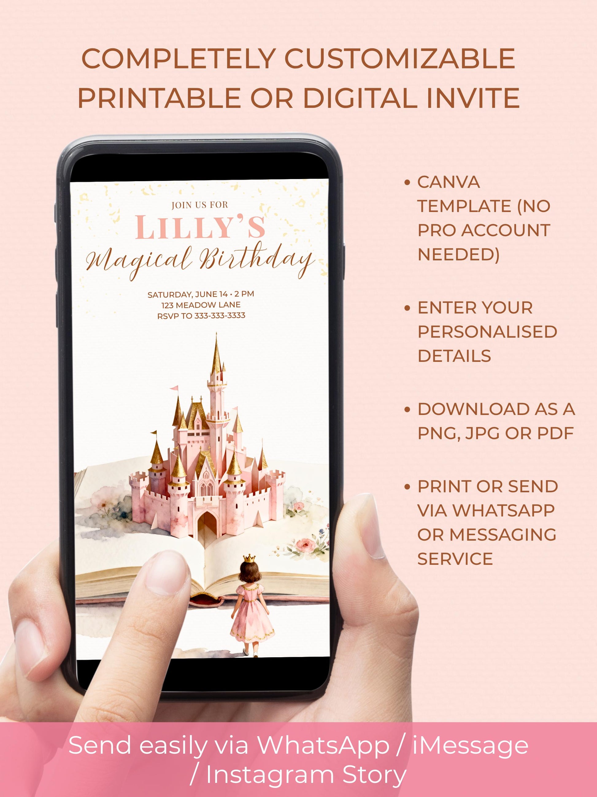 Magical Princess Birthday Invitation - Custom Storybook Castle Printable Girls Party Invite (Instant Download Editable Canva Template)