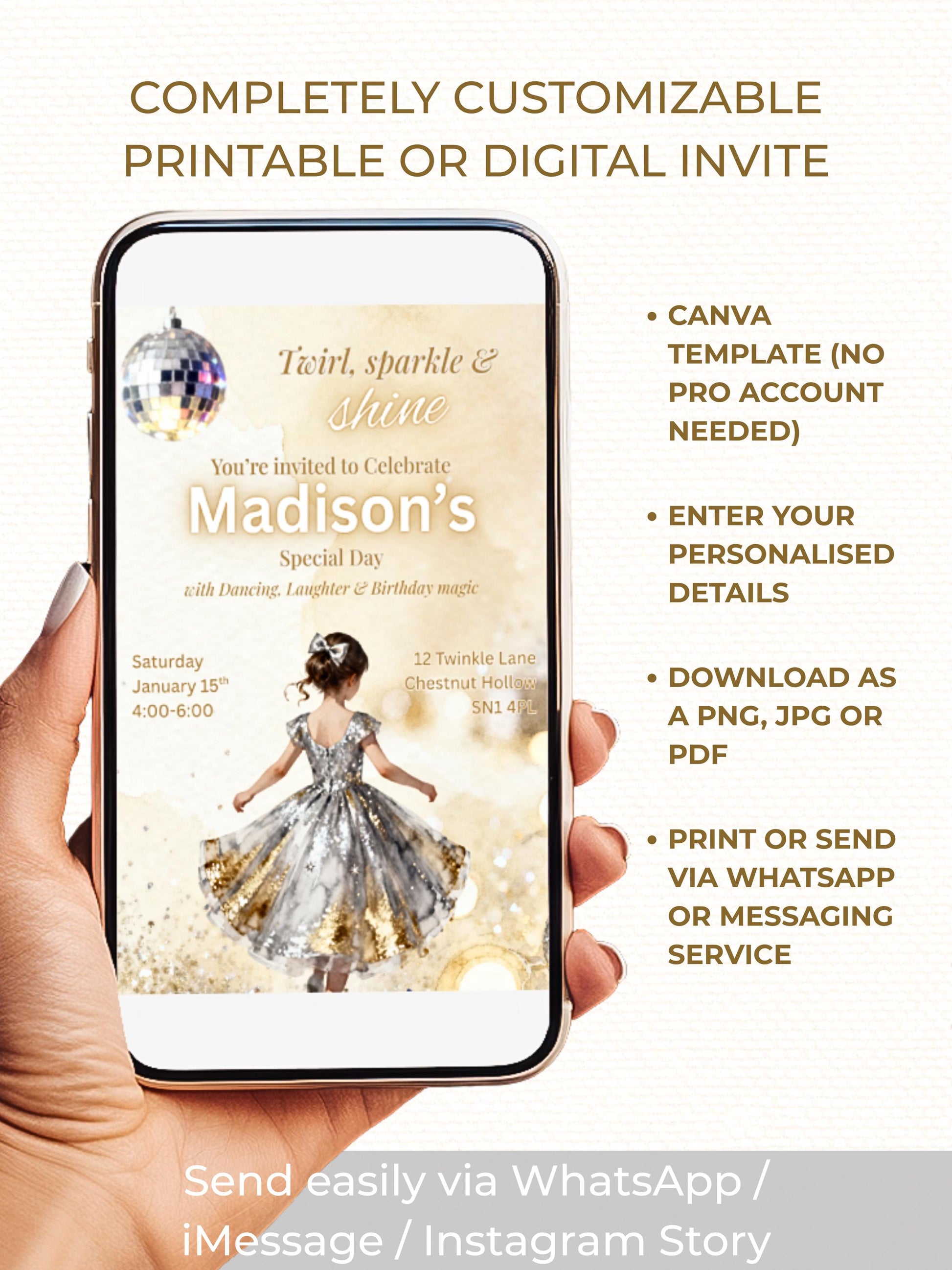 Girl's Dance Birthday Invitation-Twirl and Sparkle Party Invite/Disco Theme(Printable Instant Download Canva Template Evite)