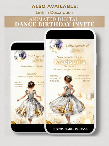 Girl's Dance Birthday Invitation-Twirl and Sparkle Party Invite/Disco Theme(Printable Instant Download Canva Template Evite)