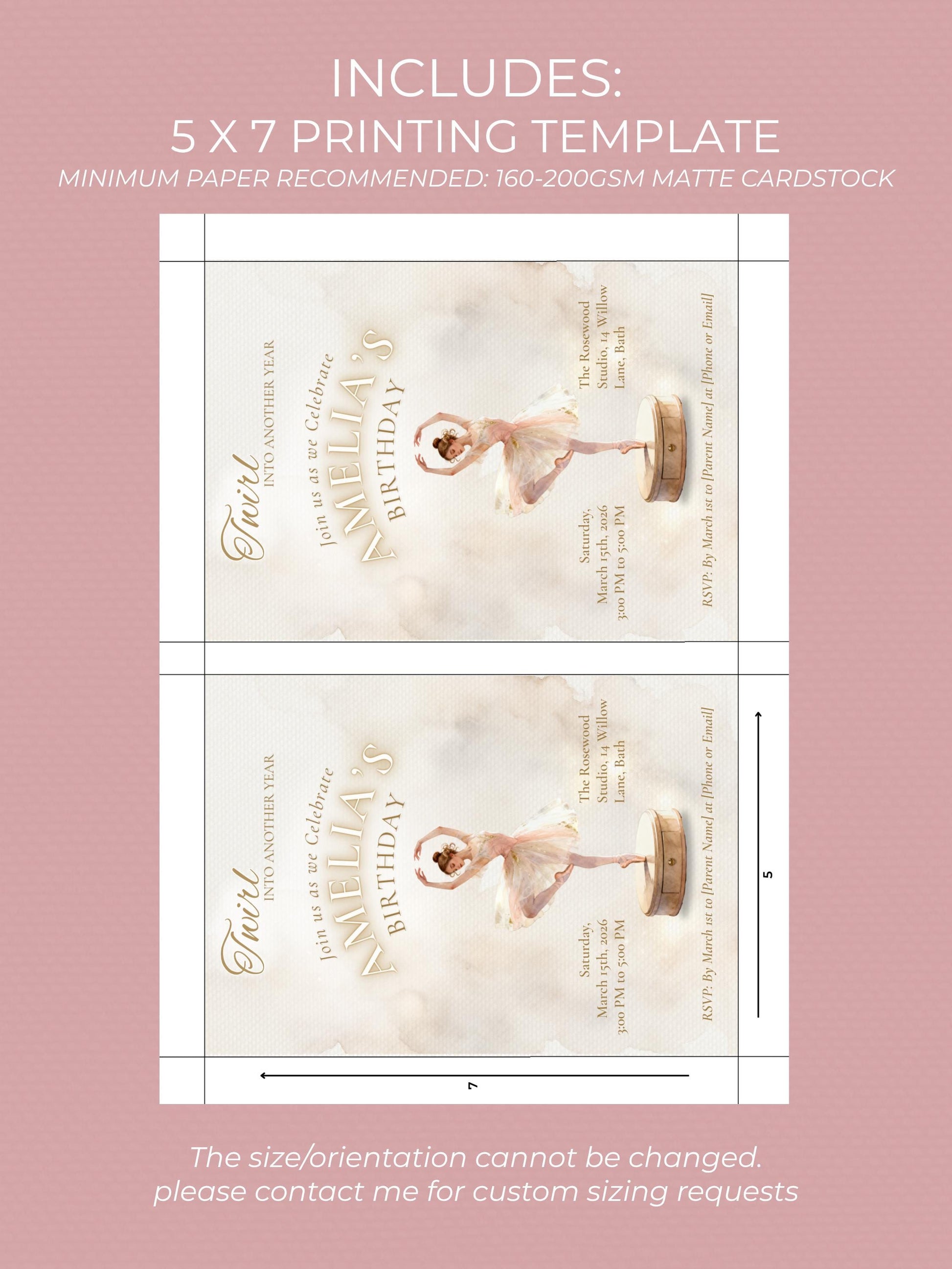 Ballerina Birthday Invitation-Dance Kids Party Invite (Custom Instant Download Canva Template) Elegant Music Box Ballet Girl Evite