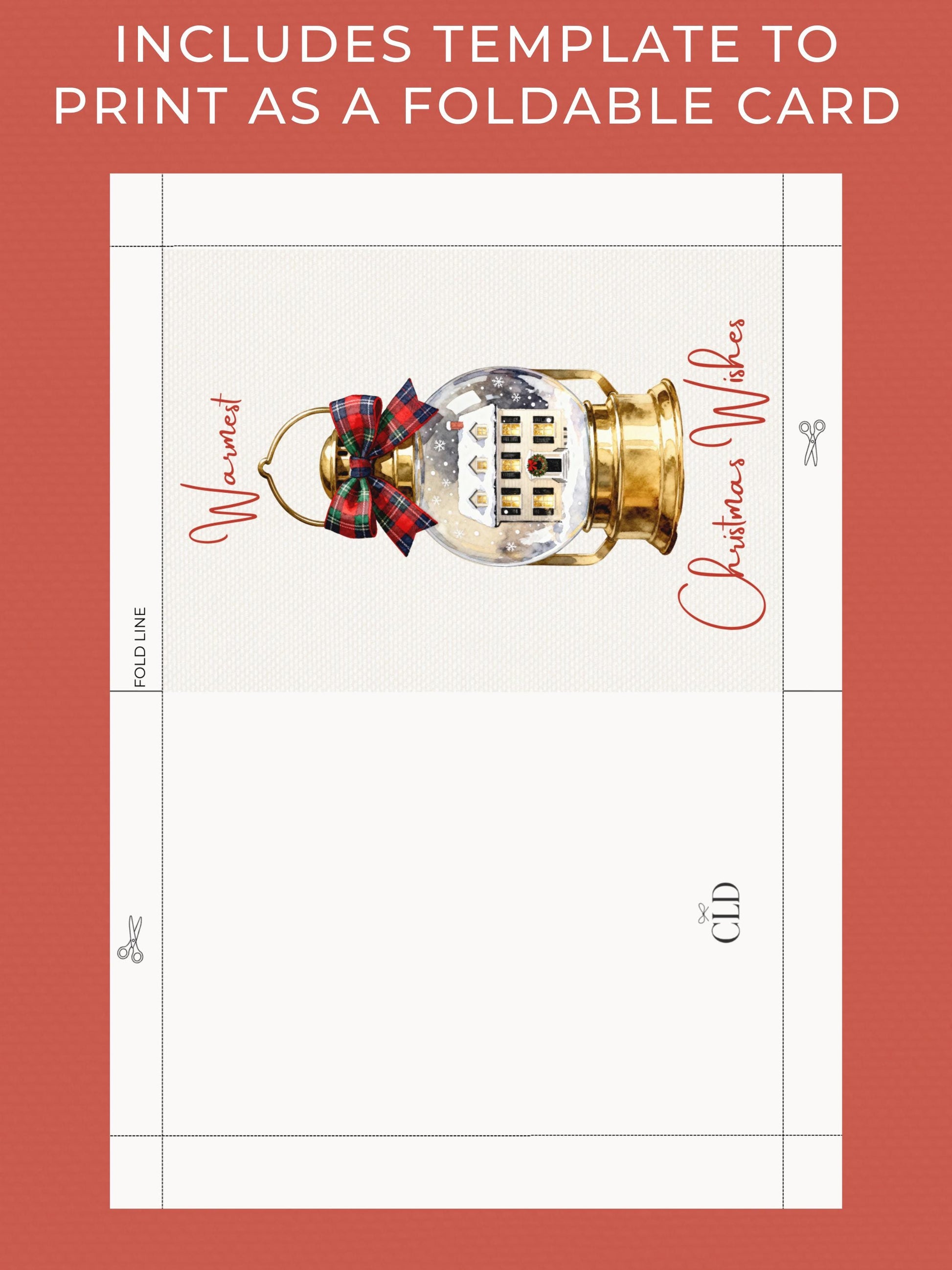 Printable Lantern Snow Globe Christmas Card - Custom Editable Vintage Snow Village Festive Greetings (Instant Download Canva Template)