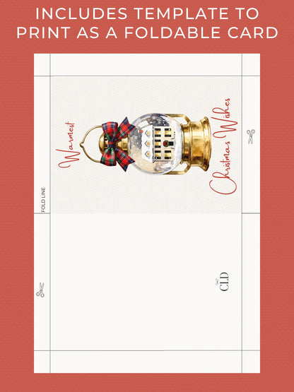 Printable Lantern Snow Globe Christmas Card - Custom Editable Vintage Snow Village Festive Greetings (Instant Download Canva Template)