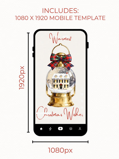 Printable Lantern Snow Globe Christmas Card - Custom Editable Vintage Snow Village Festive Greetings (Instant Download Canva Template)