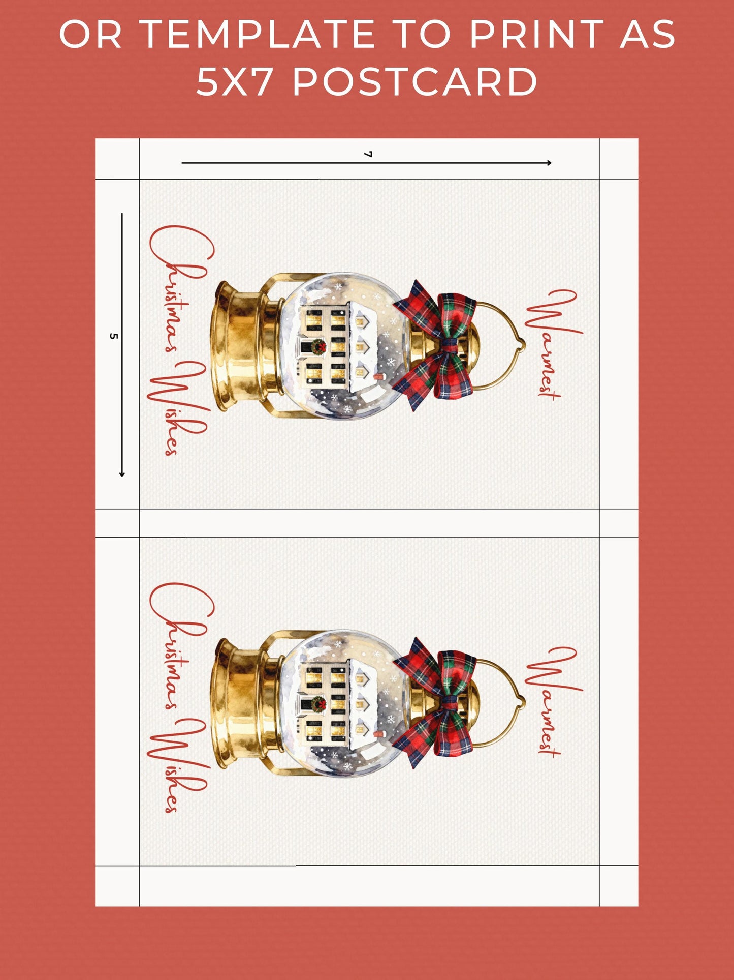 Printable Lantern Snow Globe Christmas Card - Custom Editable Vintage Snow Village Festive Greetings (Instant Download Canva Template)