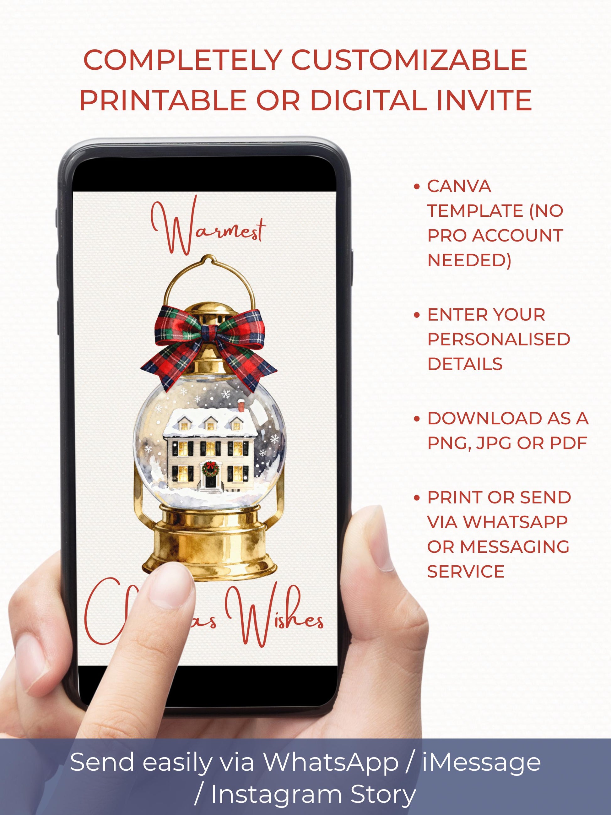 Printable Lantern Snow Globe Christmas Card - Custom Editable Vintage Snow Village Festive Greetings (Instant Download Canva Template)