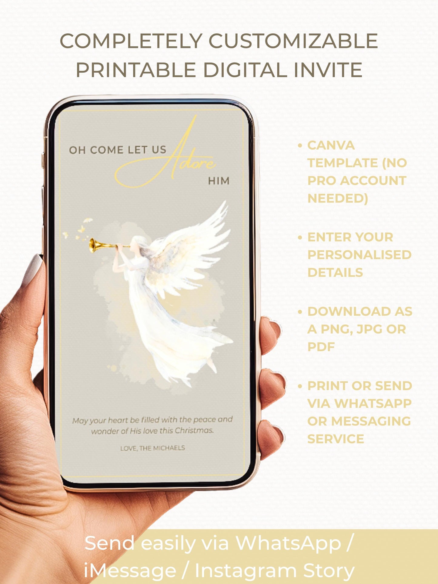 Editable Angel Christmas Card Template, Oh Come Let Us Adore Him Christian, Modern Watercolor Faith Holiday Instant Download Canva Template