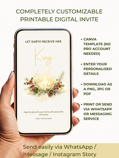 Editable Christian Holiday Christmas Card-Let Earth Receive Her King Golden Crown (Religious Printable Canva Template Digital Download)