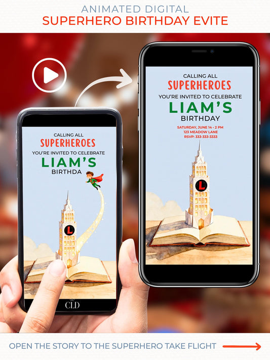Hand holding a smartphone showing a watercolor superhero birthday invitation on Canva, displayed next to another phone. The left phone shows the book open animation frame, held by a hand, and the right phone shows the superhero flying upward with a sparkle trail and tower reveal. Both phones and hand are set against a blurred warm red background.