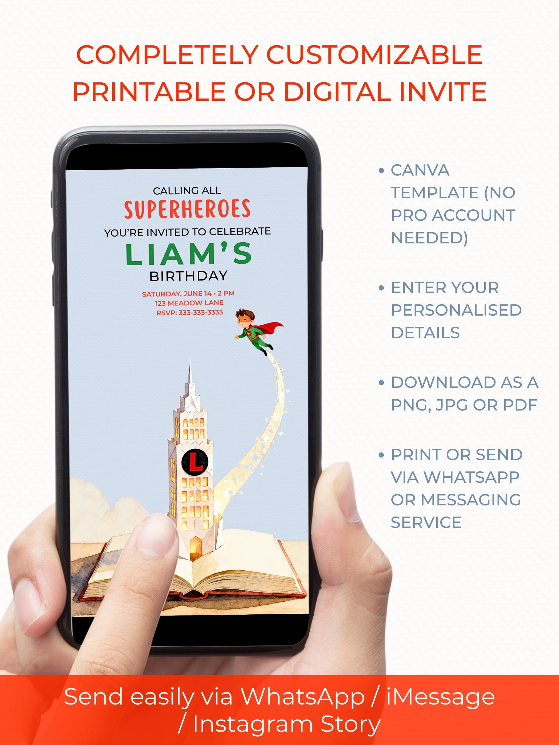Superhero Birthday Invitation- Editable Magical Storybook Tower Digital Evite (Instant Download Custom Canva Template)