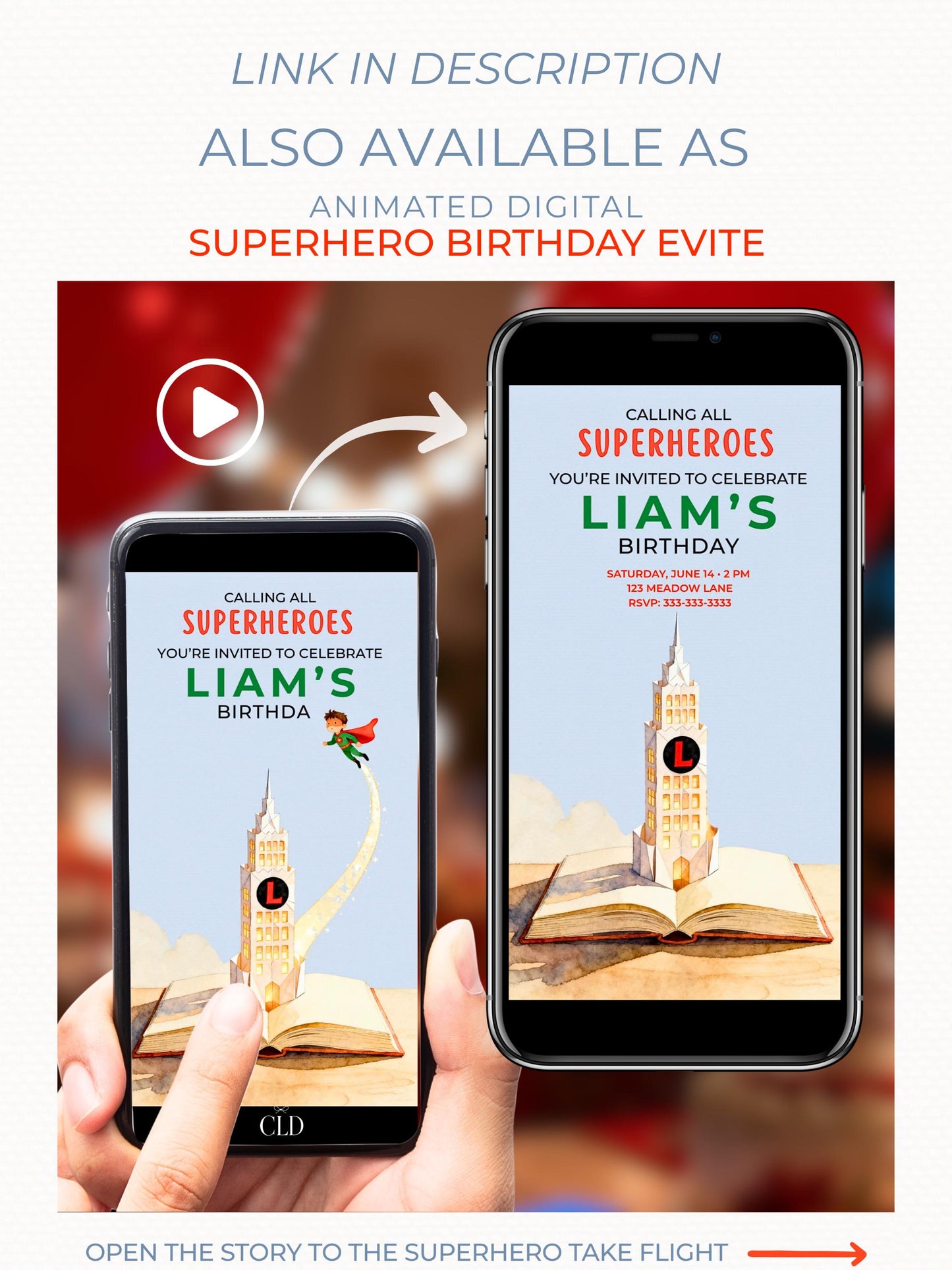 Superhero Birthday Invitation- Editable Magical Storybook Tower Digital Evite (Instant Download Custom Canva Template)
