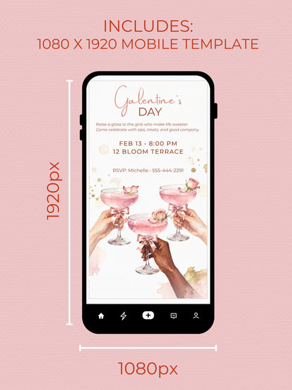 Custom Galentine’s Day Invitation - Pink Cocktail Girls Night - Valentines Party Evite (Editable Instant Download Canva Template)