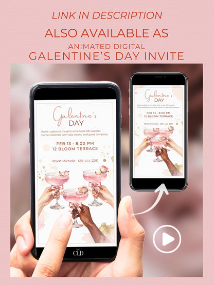Custom Galentine’s Day Invitation - Pink Cocktail Girls Night - Valentines Party Evite (Editable Instant Download Canva Template)