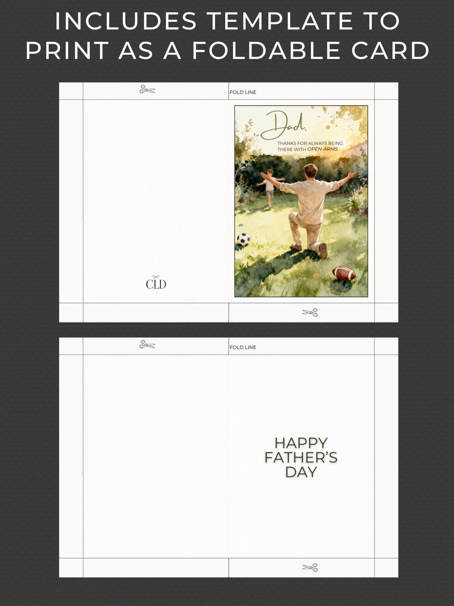 Printable Happy Father's Day Card - Dad and Child Digital Printable Foldable Gift - Sports Themed (Instant Download Canva Template)