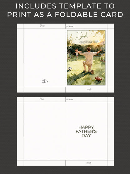 Printable Happy Father's Day Card - Dad and Child Digital Printable Foldable Gift - Sports Themed (Instant Download Canva Template)