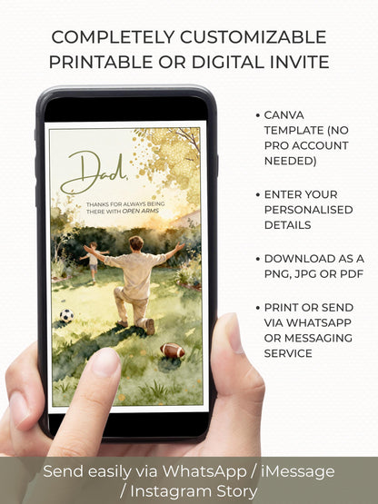 Printable Happy Father's Day Card - Dad and Child Digital Printable Foldable Gift - Sports Themed (Instant Download Canva Template)