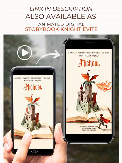 Printable Knight Birthday Party Invite for Kids - Custom Fantasy Storybook Castle Invitation (Instant Download Canva Template Evite)