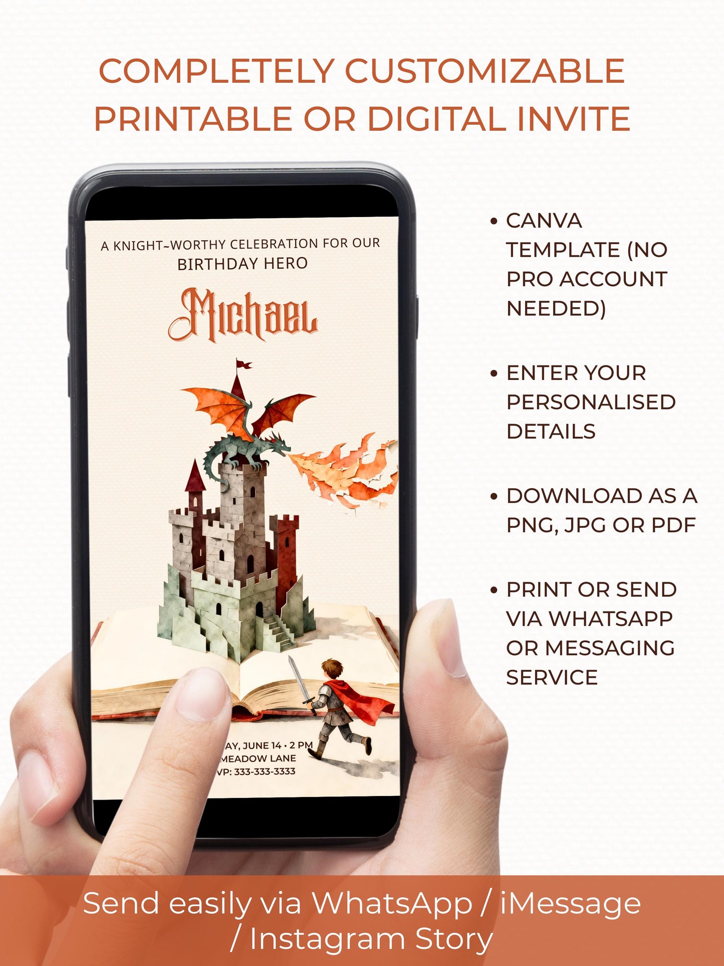 Printable Knight Birthday Party Invite for Kids - Custom Fantasy Storybook Castle Invitation (Instant Download Canva Template Evite)