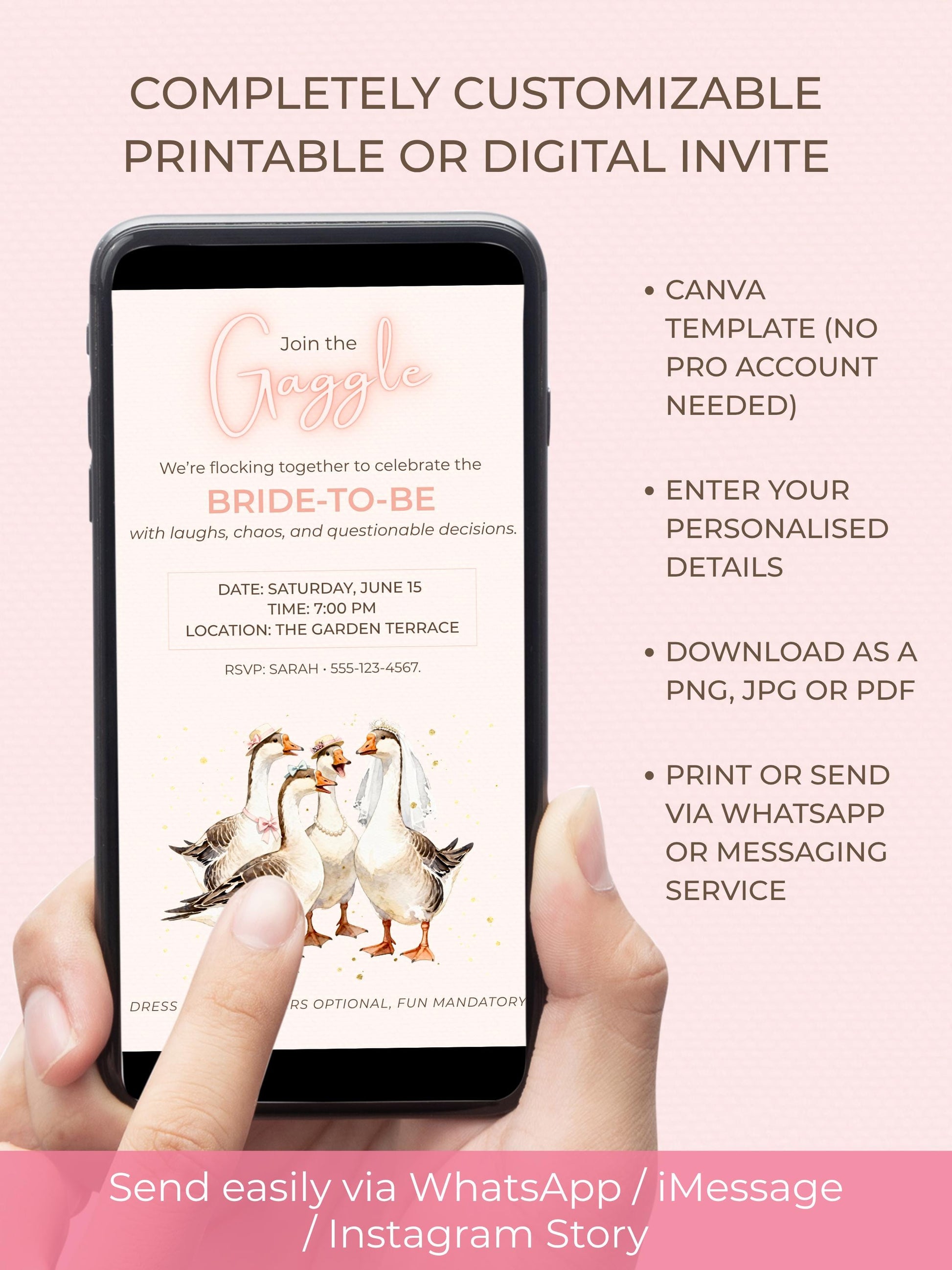 Funny Gaggle Geese Bachelorette Invitation - Hen Party Invite (Editable Instant Digital Download Canva Template) Bridal Shower Evite