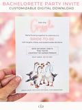 Hand holding a printed Gaggle Geese bachelorette party invitation featuring watercolor geese in veils and hats, soft pink background, and elegant text layout. Modern feminine mockup with a blurred pink backdrop.