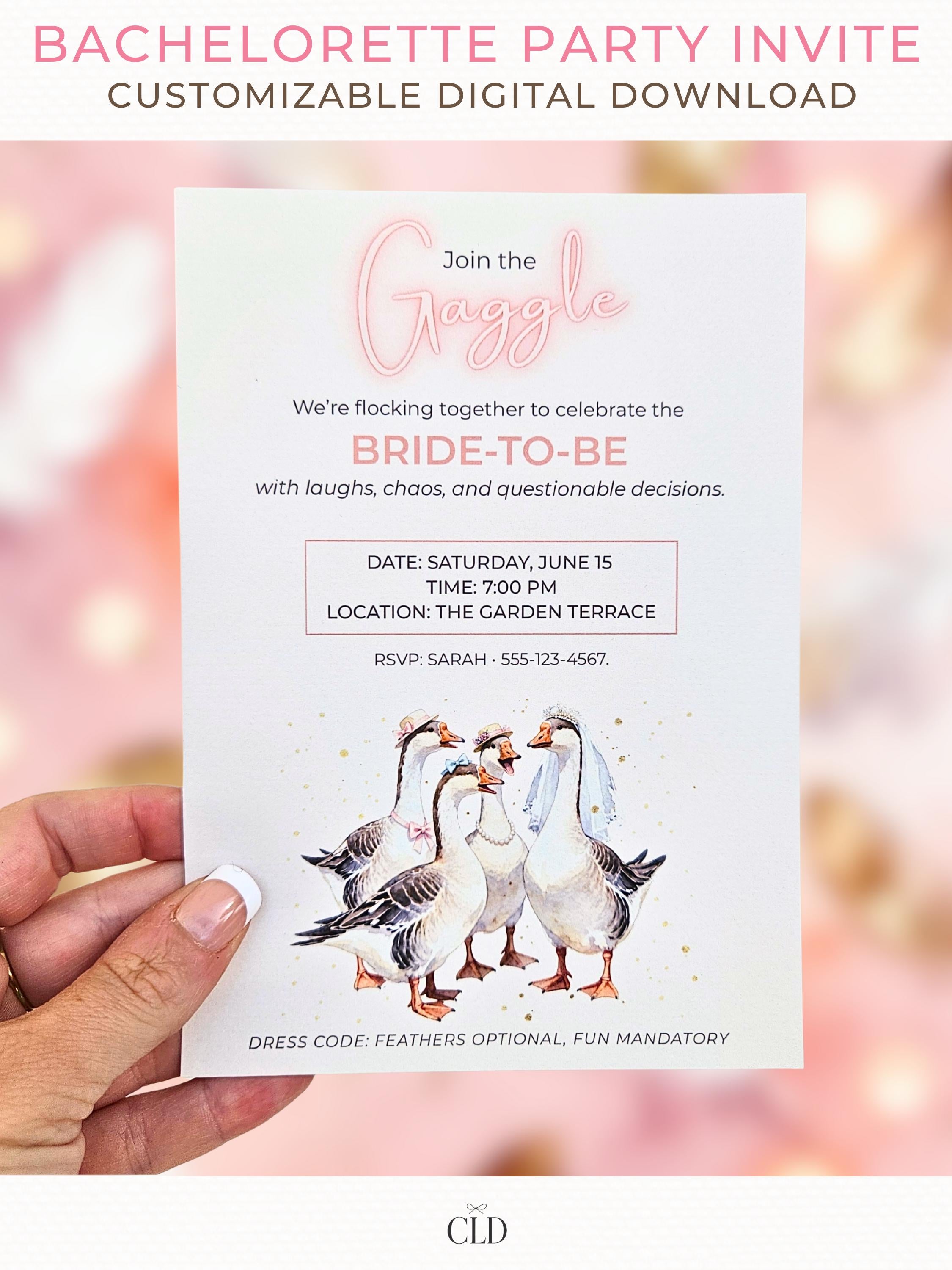 Hand holding a printed Gaggle Geese bachelorette party invitation featuring watercolor geese in veils and hats, soft pink background, and elegant text layout. Modern feminine mockup with a blurred pink backdrop.