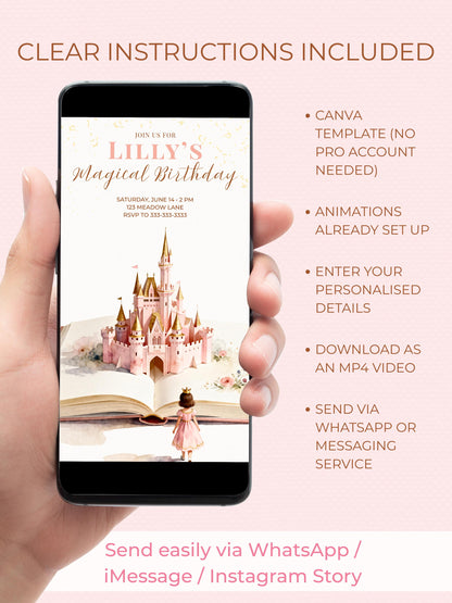 Animated Princess Birthday Evite - Custom Storybook Castle Video Invitation - Magical Girl Digital Invite (Instant Download Canva Template)