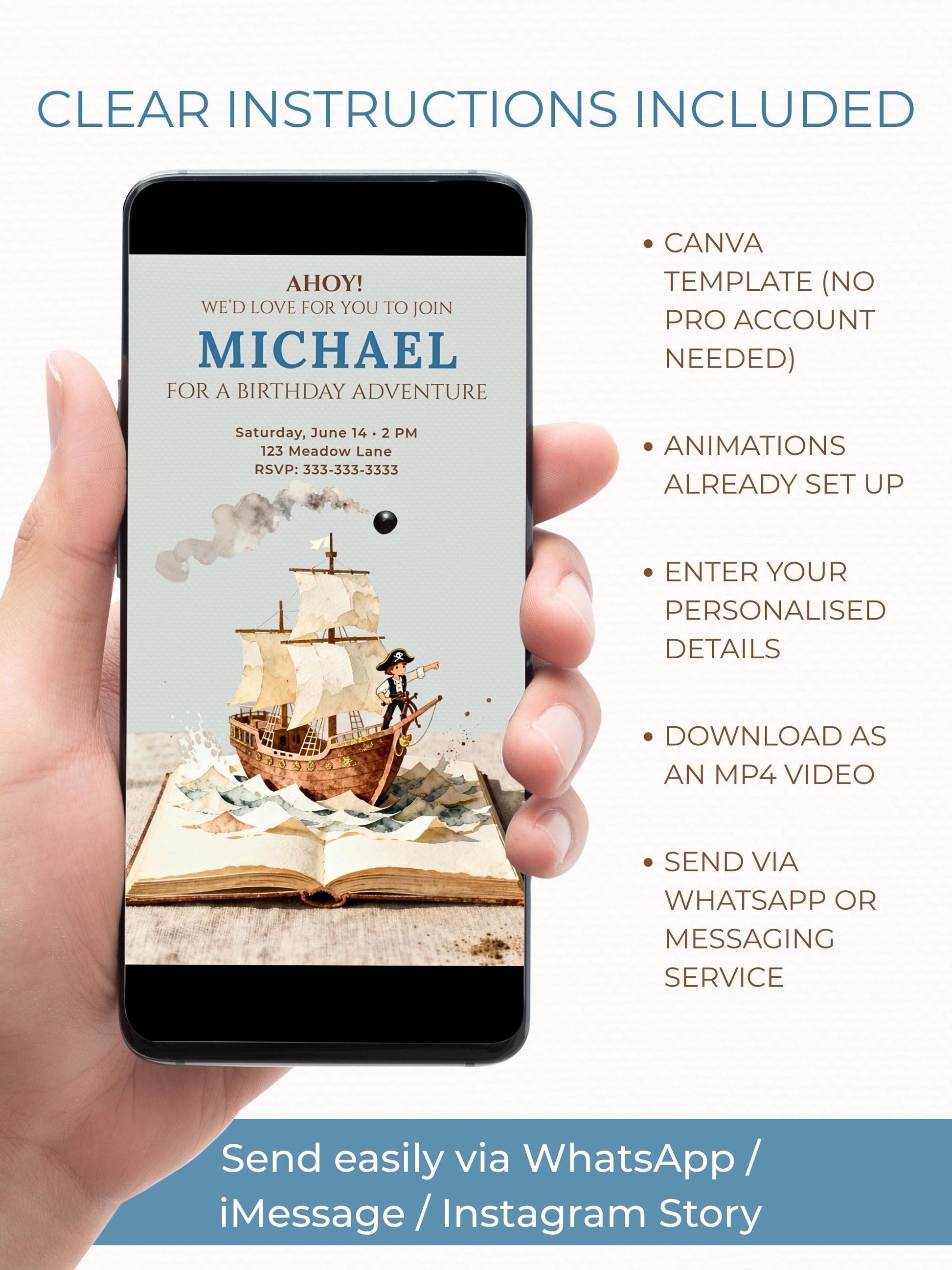 Animated Pirate Birthday Evite, Custom Storybook Pop-Up Ship, Digital Invitation for Kids (Editable Instant Download Canva Template Invite)