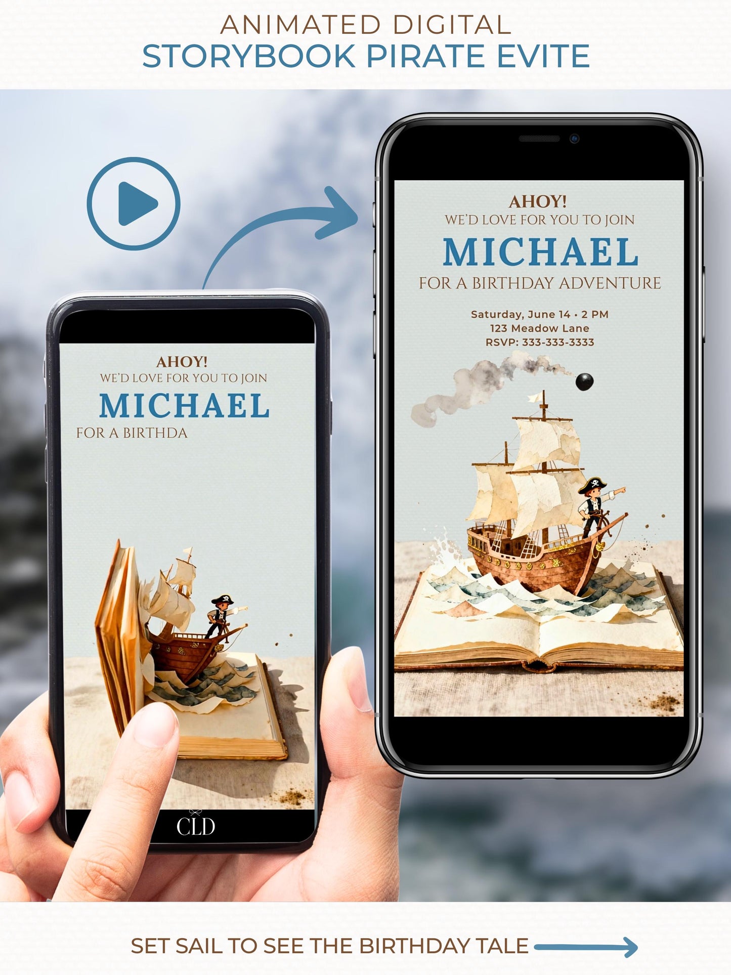 Photo of hands holding a vintage book. On the phone screen above the book is an animated pirate kids’ invitation design showing the text “Ahoy! We’d love for you to join Michael for a Birthday Adventure” and a pop-up style pirate ship on open book pages with paper waves and a cannonball flying overhead. Soft natural tones, minimal vintage composition, digital invite mockup